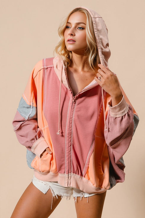 'Kaida' Colour Block Zip Through Hoodie - Celes Fashion